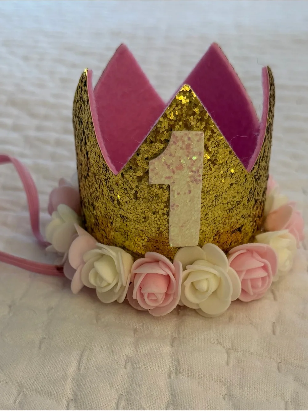Baby First Birthday Pink & Gold Glitter Crown Headband with Flowers